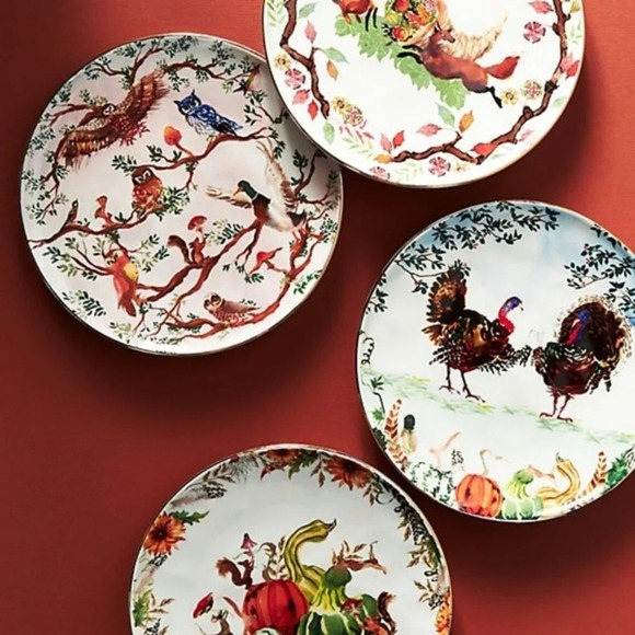 Set/4 Anthropologie Inslee Fariss Autumn's Bounty  Turkey Side Plates - Picture 3 of 4